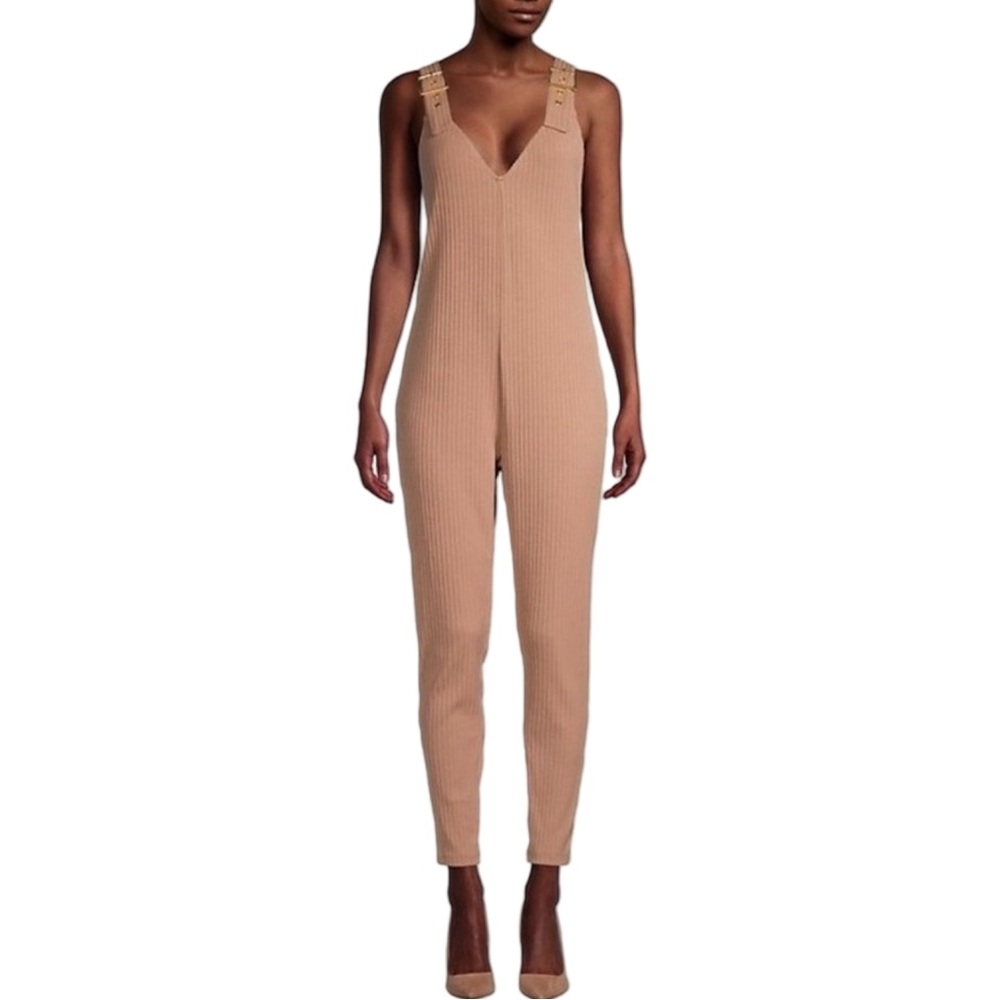 WeWoreWhat Ribbed Knit Tank JumpsuitCameo Rose Beige Tan Slim Size SP